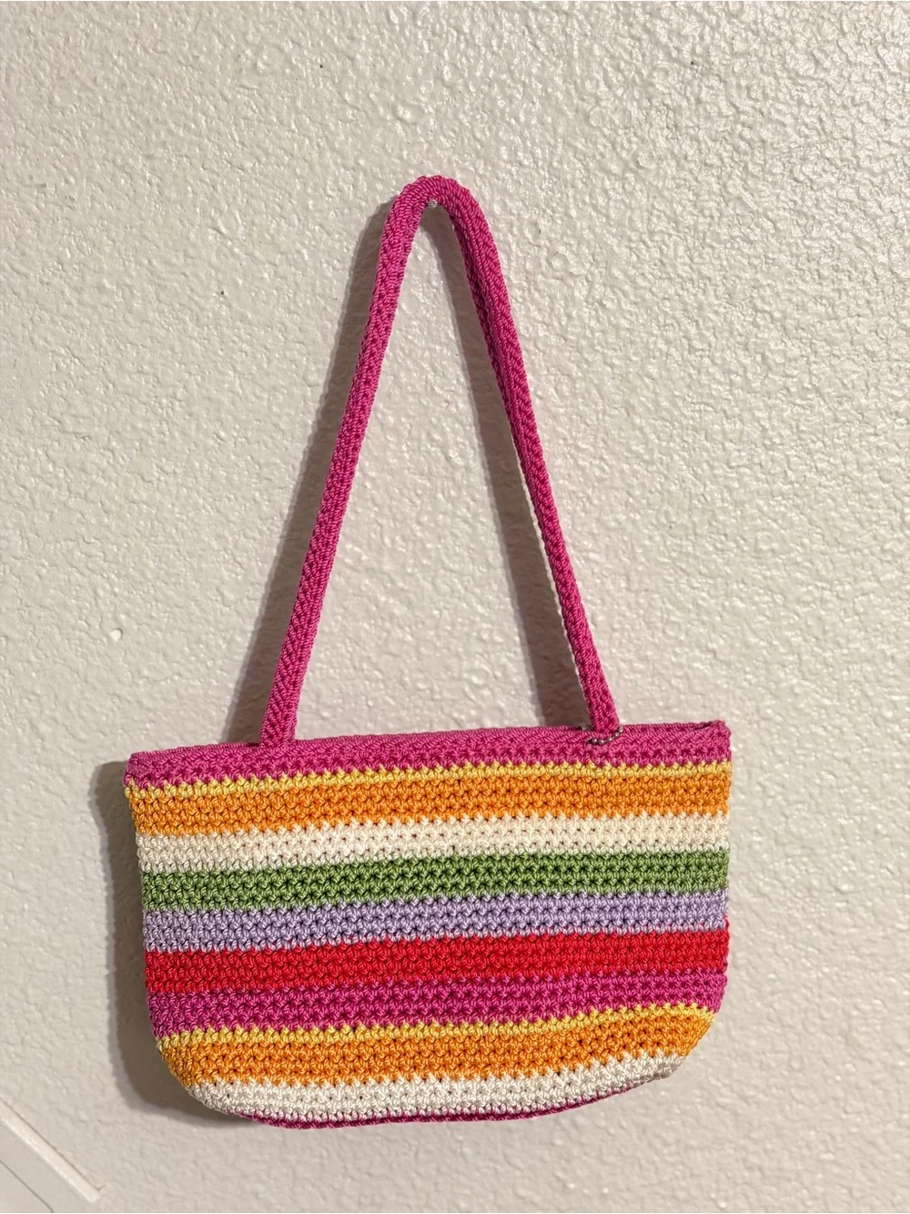 The Sak Small Handbag Knit Crochet Striped Fully Lined Purse Zipper Closure